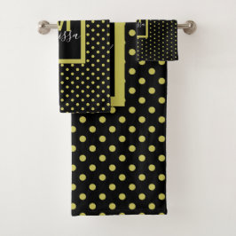 Modern Black Golden Circle Pattern Monogram Badhandtuch Set