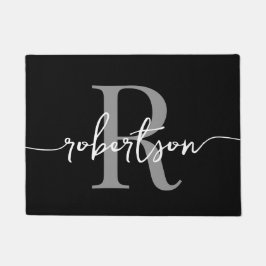 Modern Black Gray Monogram Family Name Script Fußmatte