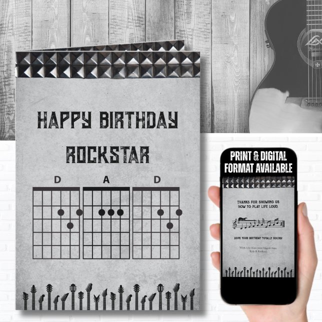 Modern Black Gray Rockstar Vater Happy Birthday Karte (Unique Black/Gray guitar chord birthday card for the musician or heavy metal fan)