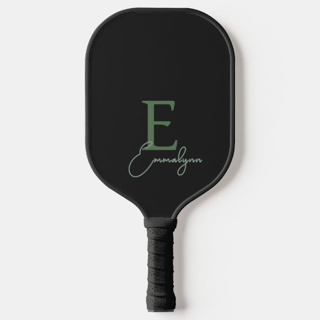 Modern Black Green Custom Monogram Name Pickleball Schläger (Vorderseite)