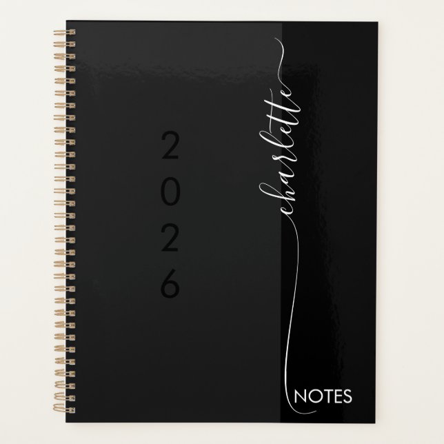 Modern Black Grey Scripted Name Yearly Planner Planer (Vorderseite)