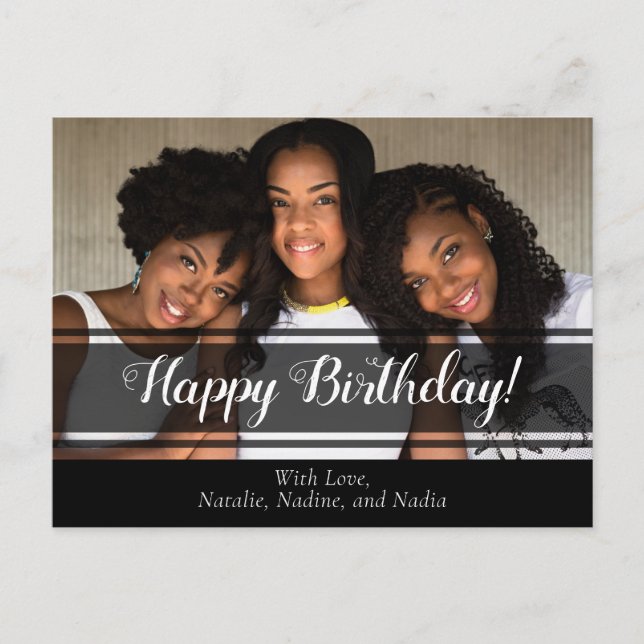 Modern Black Happy Birthday Foto Postcard Postkarte (Vorderseite)