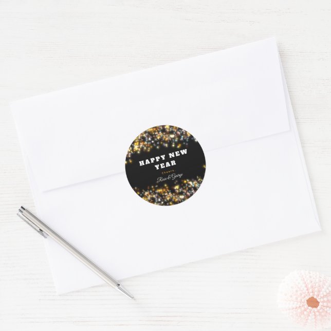 Modern Black Happy New Year Gold Glitzer Sparkling Runder Aufkleber (Umschlag)