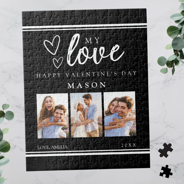 Modern Black Happy Valentine's Photo Collage (Modern Black Happy Valentine's Photo Collage Jigsaw Puzzle)
