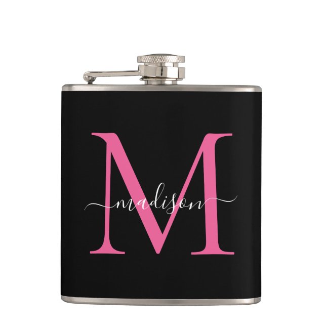 Modern Black Hot Pink Magenta Monogram Script Name Flachmann (Vorderseite)