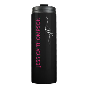 Modern Black Hot Pink Simple Script Monogram Name  Thermosbecher