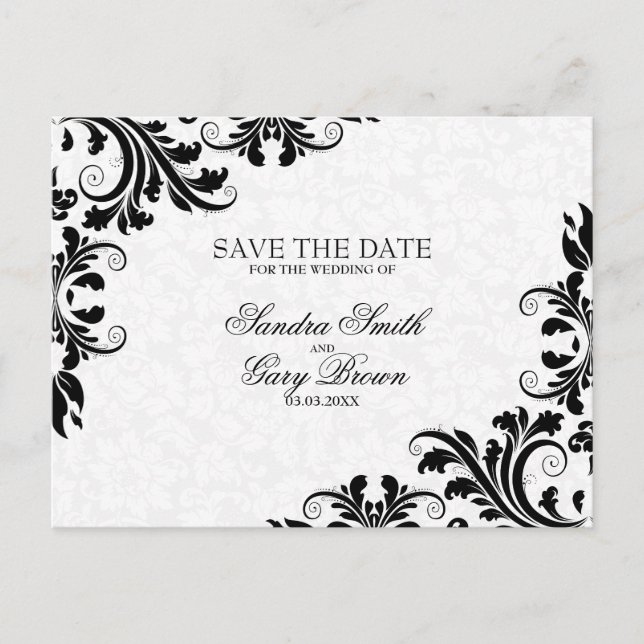 Modern Black Lace White Damask Ankündigungspostkarte (Vorderseite)