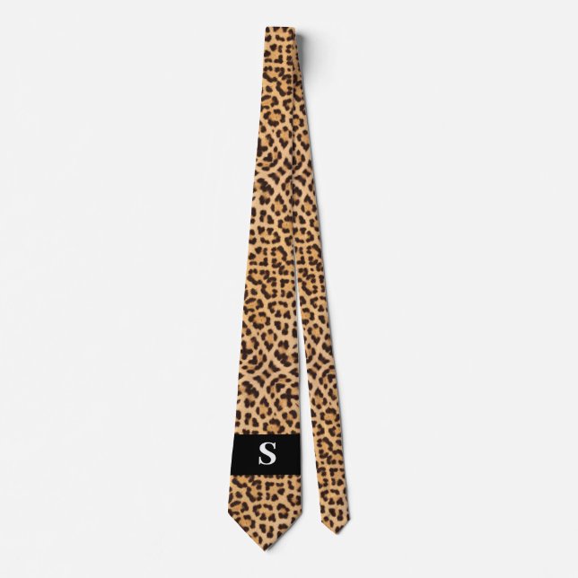 Modern Black Leopard Print Monogram Mens Krawatte (Vorderseite)
