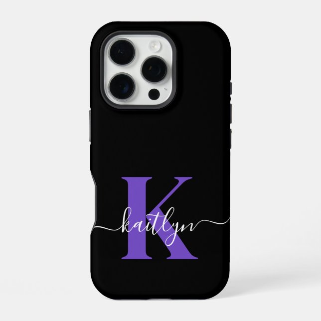 Modern Black Lila Script Monogram iPhone 16 Pro Hülle (Rückseite)