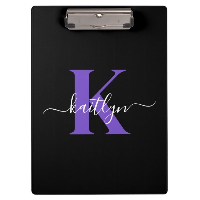 Modern Black Lila Script Monogram Klemmbrett (Vorderseite)