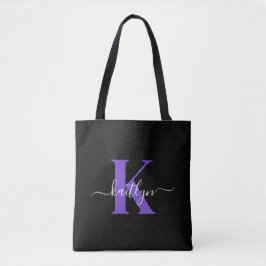 Modern Black Lila Script Monogram Tasche