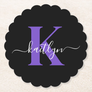Modern Black Lila Script Monogram Untersetzer
