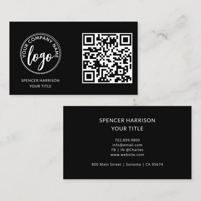 Modern Black Logo QR Code Template Visitenkarte (Vorne/Hinten)