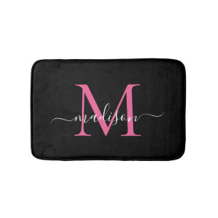 Modern Black Magenta Pink Monogram Script Elegant Badematte