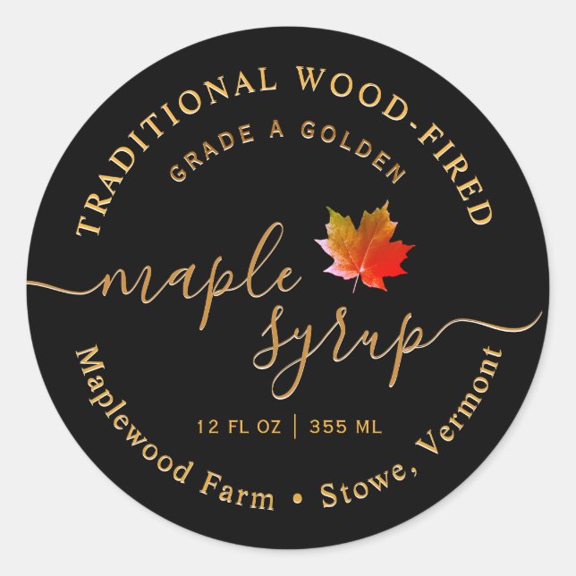 Modern Black Maple Sirup Label Leaf Script Runder Aufkleber (Vorderseite)
