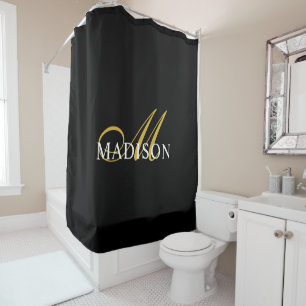 Modern Black Monogram Gold Script Name Duschvorhang