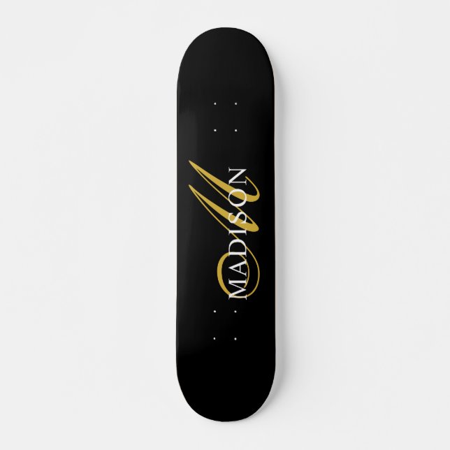 Modern Black Monogram Gold Script Name Skateboard (Vorne)