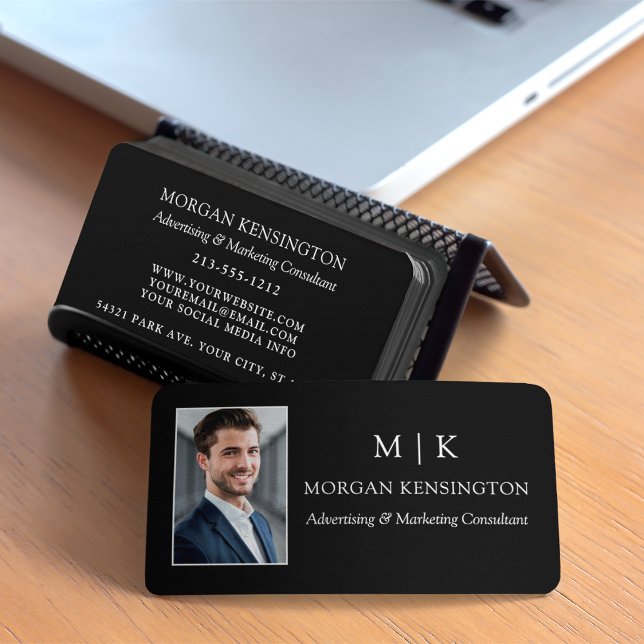Modern Black Monogram oder Add-Logo-Foto Visitenkarte (Edit to Customize text, colors and more)