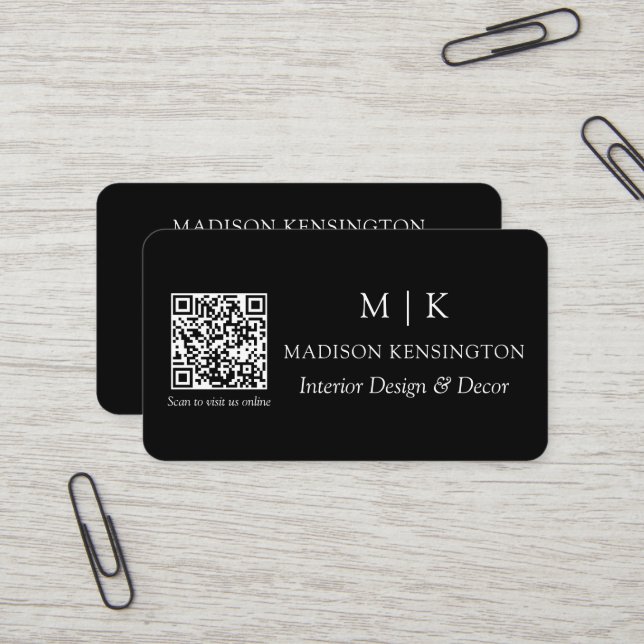 Modern Black Monogram oder Add Logo QR Code Visitenkarte (Vorderseite/Rückseite Beispiel)