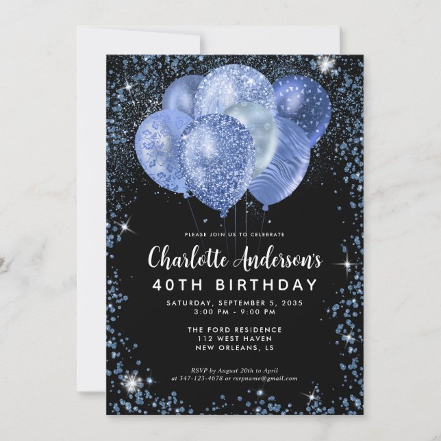 Modern Black Navy Blue Glitzer Balloon Birthday Einladung (Vorderseite)