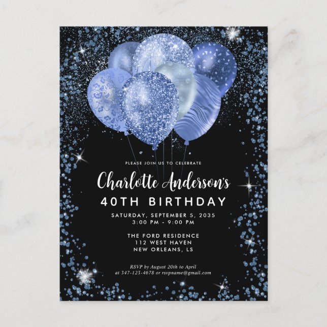 Modern Black Navy Blue Glitzer Balloon Birthday Postkarte (Vorderseite)