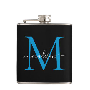 Modern Black Ocean Blue Monogram Script Name Flachmann