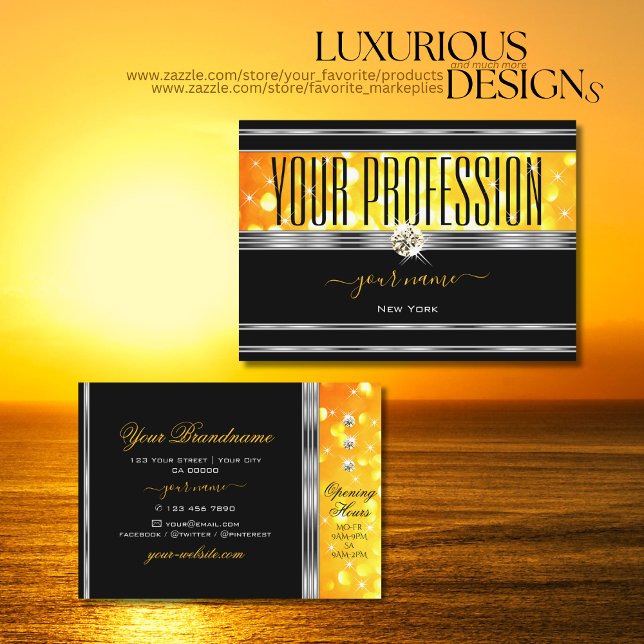 Modern Black Orange Glitzer Diamonds Silber Border Visitenkarte (Von Creator hochgeladen)