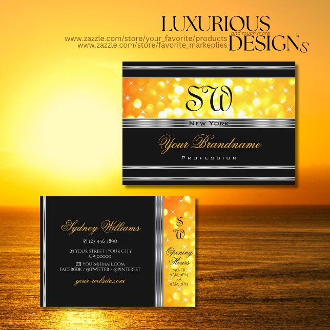 Modern Black Orange Glitzer Monogram Silver Border Visitenkarte (Von Creator hochgeladen)