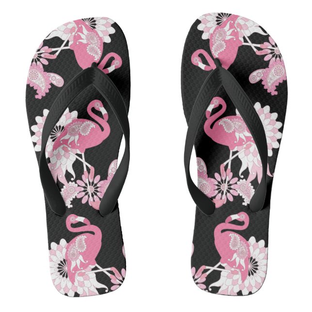 Modern Black Paisley Pink Flamingo Flip Flops (Fußbett)