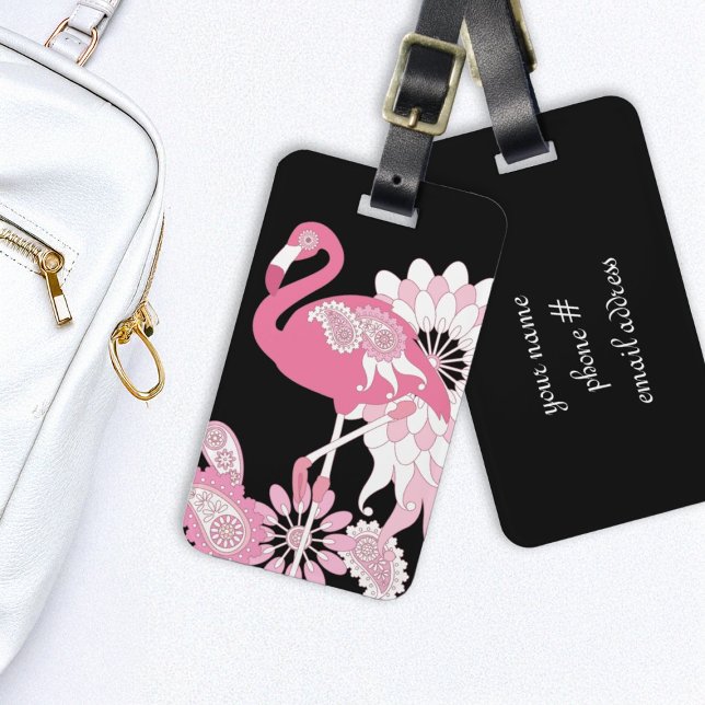 Modern Black Paisley Pink Flamingo Gepäckanhänger (Von Creator hochgeladen)