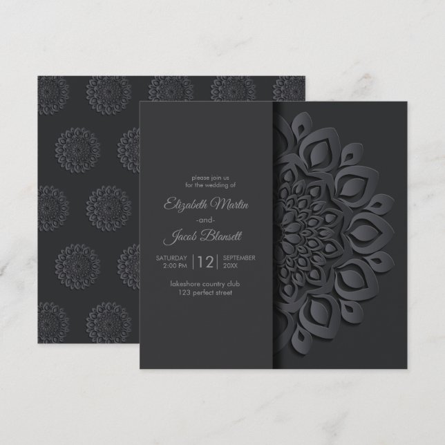 Modern Black Paper cut Mandala Peekaboo Wedding Einladung (Vorne/Hinten)