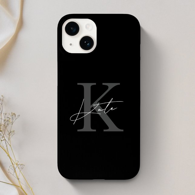 Modern Black Personalisiert Monogram Name Case-Mate iPhone 14 Hülle (Von Creator hochgeladen)