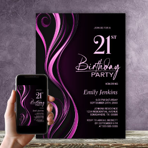 Modern Black Pink 21. Geburtstag Party Einladung