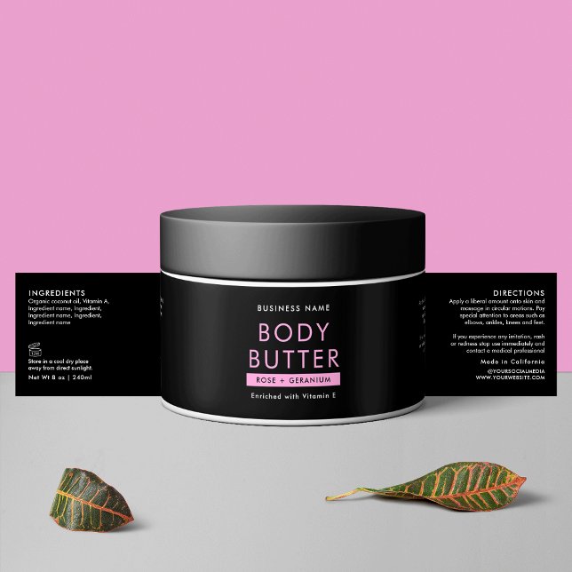 Modern Black & Pink Body Butter Cosmetikklebetikma (Modern Black and Pink Body Butter Cosmetic Jar Waterproof Product Label)