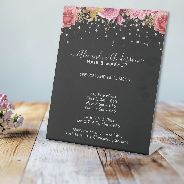 Modern Black Pink Floral Diamonds Glitter Price Sockelschild (Modern Black Pink Floral Diamonds Glitter Price Pedestal Sign)