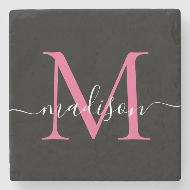 Modern Black Pink Monogram Feminine Script Name Steinuntersetzer (Vorderseite)