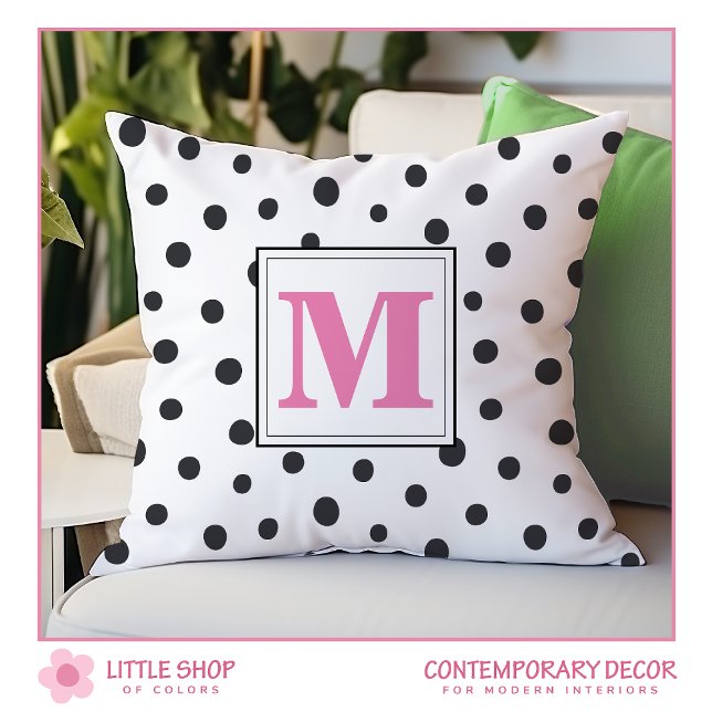 Modern Black Pink Polka Dots Monogram Kissen (Von Creator hochgeladen)