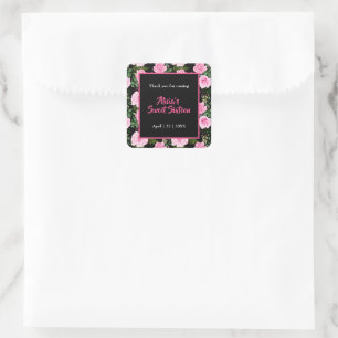 Modern Black Pink Roses 16 . Geburtstag Vielen Dan Quadratischer Aufkleber