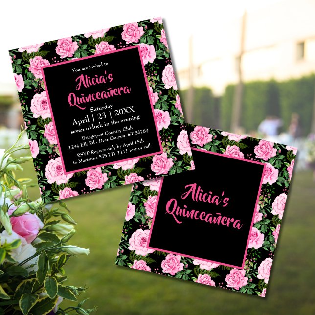 Modern Black Pink Roses Quinceañera Einladung (Von Creator hochgeladen)