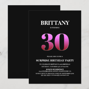 Modern Black Pink Überraschung 30. Geburtstag Einladung