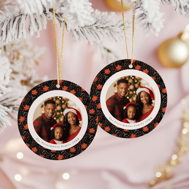Modern Black Poinsettia 2 Sided Photo Christmas Keramik Ornament (Poinsettia Season Double Sided Photo Christmas Ornament black)