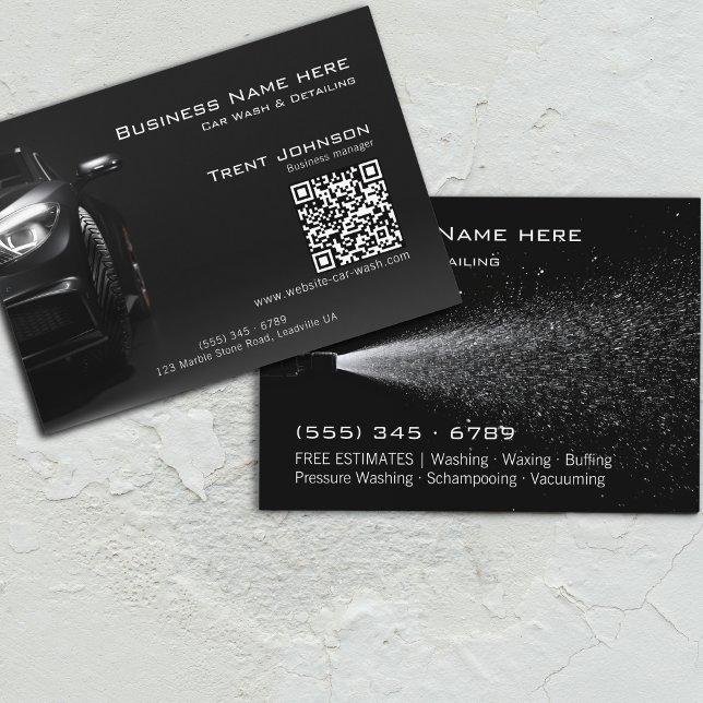 Modern Black Pressure Wash Car Detailing QR Visitenkarte (Von Creator hochgeladen)