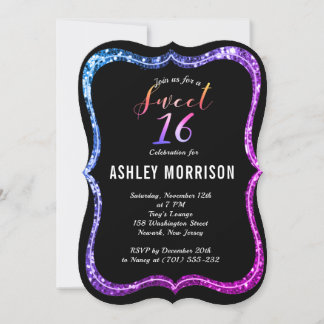 Modern Black Purplish Pink Glitzer Sweet 16 Einladung