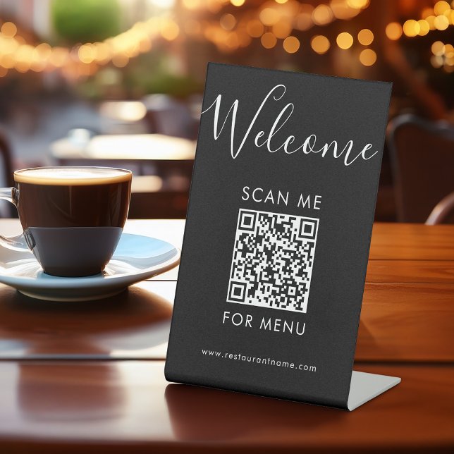 Modern Black QR Code Menu Welcome Scan Me Sockelschild (Von Creator hochgeladen)