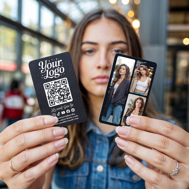 Modern Black QR Code Social Media Icons Logo Photo Visitenkarte (Modern Black QR Code Social Media Icons Logo Photo)