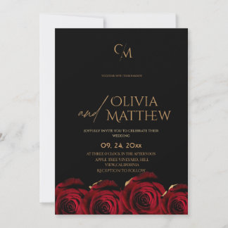 Modern Black Red Gold Rose Wedding Einladung
