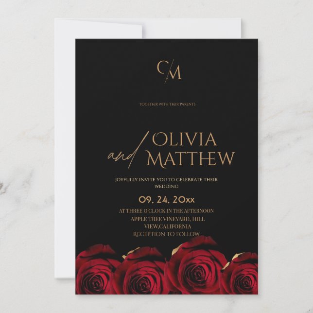 Modern Black Red Gold Rose Wedding Einladung (Vorderseite)