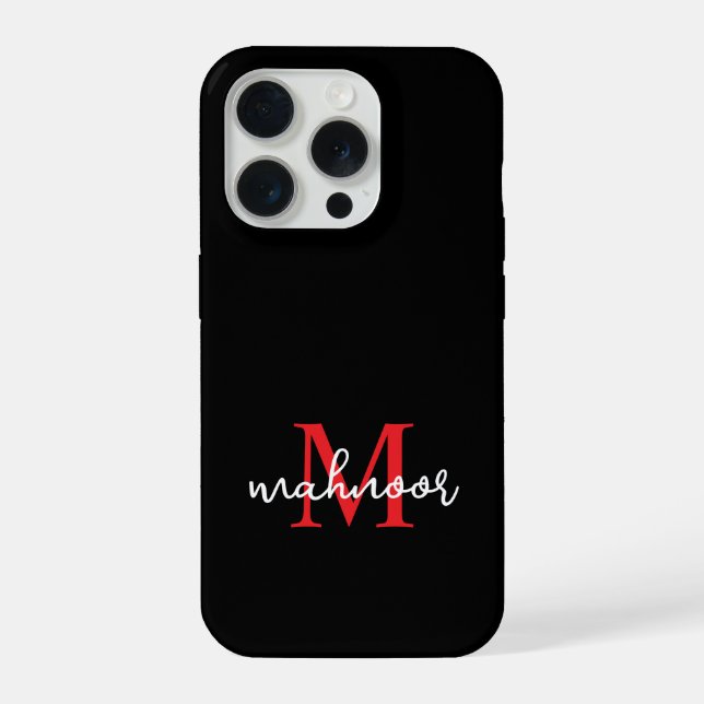 Modern Black Red Personalized Monogram Phone Case iPhone 15 Pro Hülle (Rückseite)