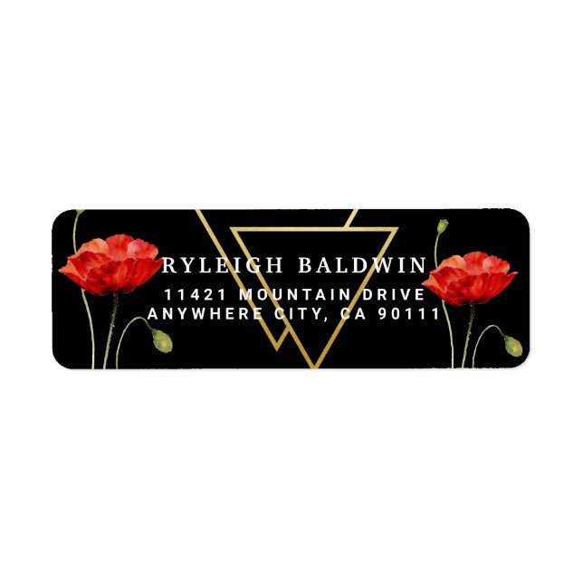 Modern Black Red Poppe Rücksendeadresse Label (Vorne)