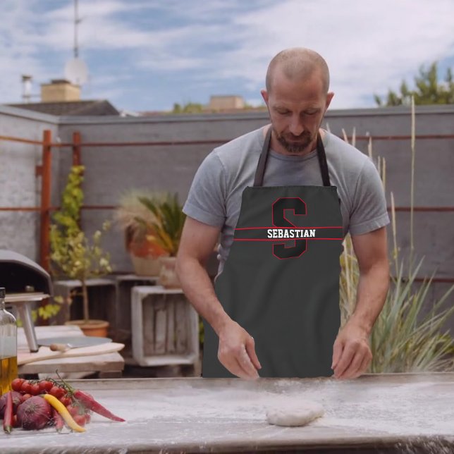 Modern Black Red White Personalisiert Monogram Schürze (Von Creator hochgeladen)